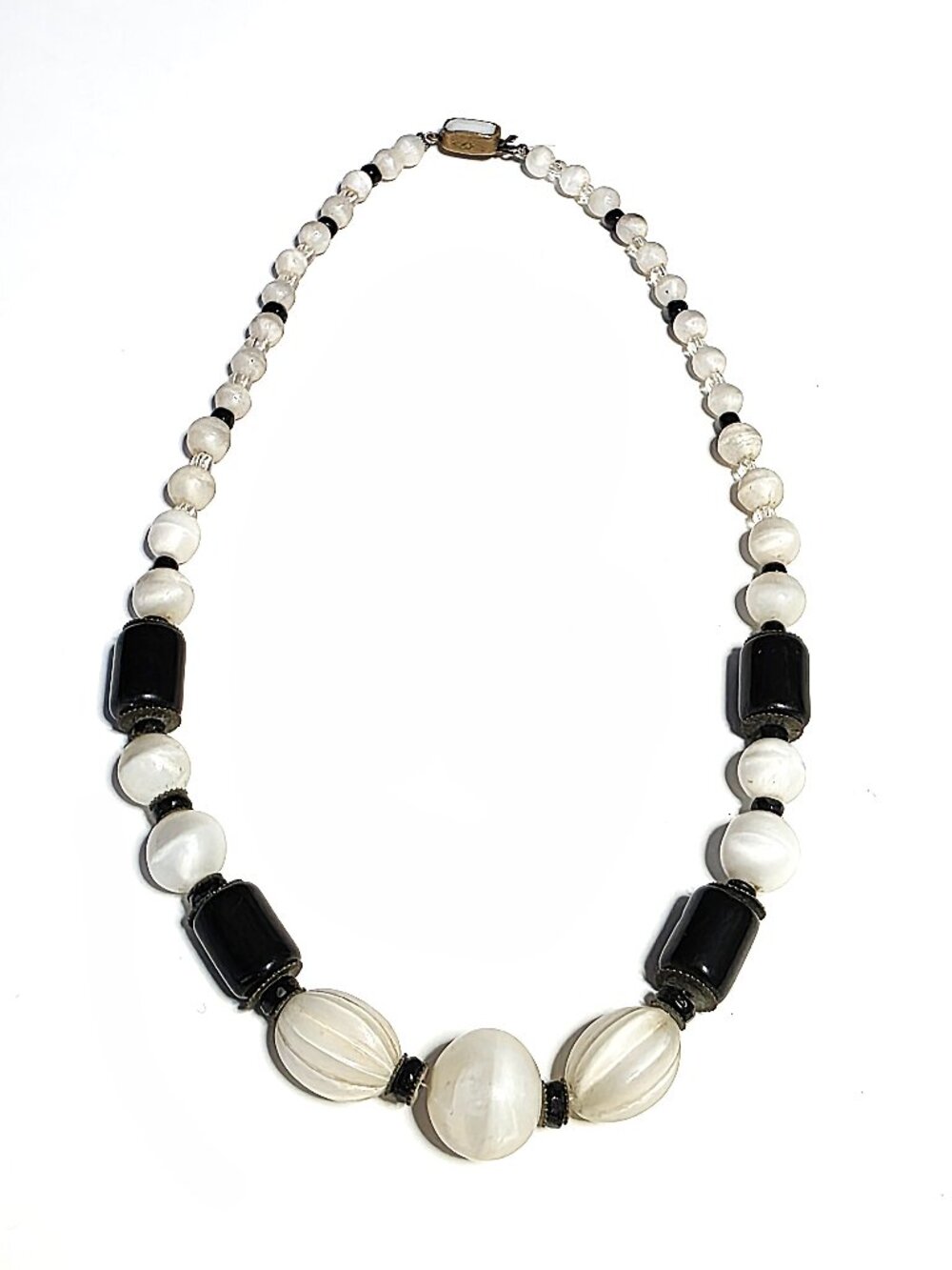 Czechoslovakia Bohemian glass & Mother of Pearl black & white necklace